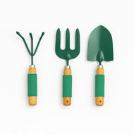 Thorair Garden Tool Set featuring three essential gardening tools with green handles and wooden grips