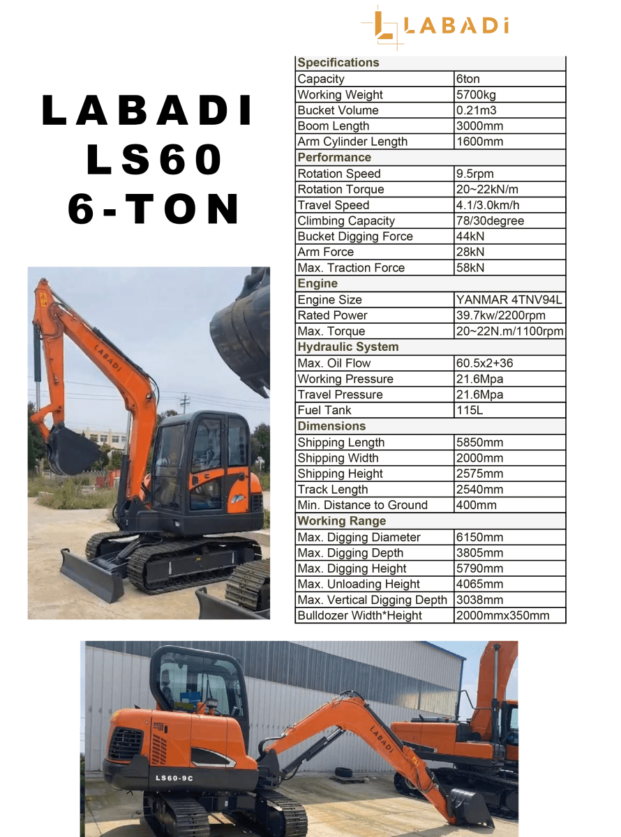 Labadi LS60 6-Ton Excavator with adjustable arm and bucket for construction tasks
