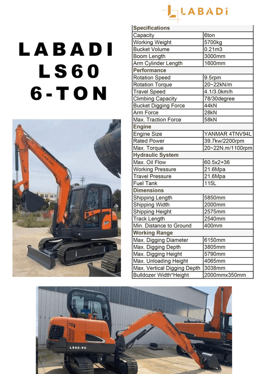 Labadi LS60 6-Ton Excavator with adjustable arm and bucket for construction tasks