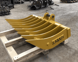 Labadi Engineering Excavator Stick Rake Attachment in Yellow for Heavy-Duty Land Clearing