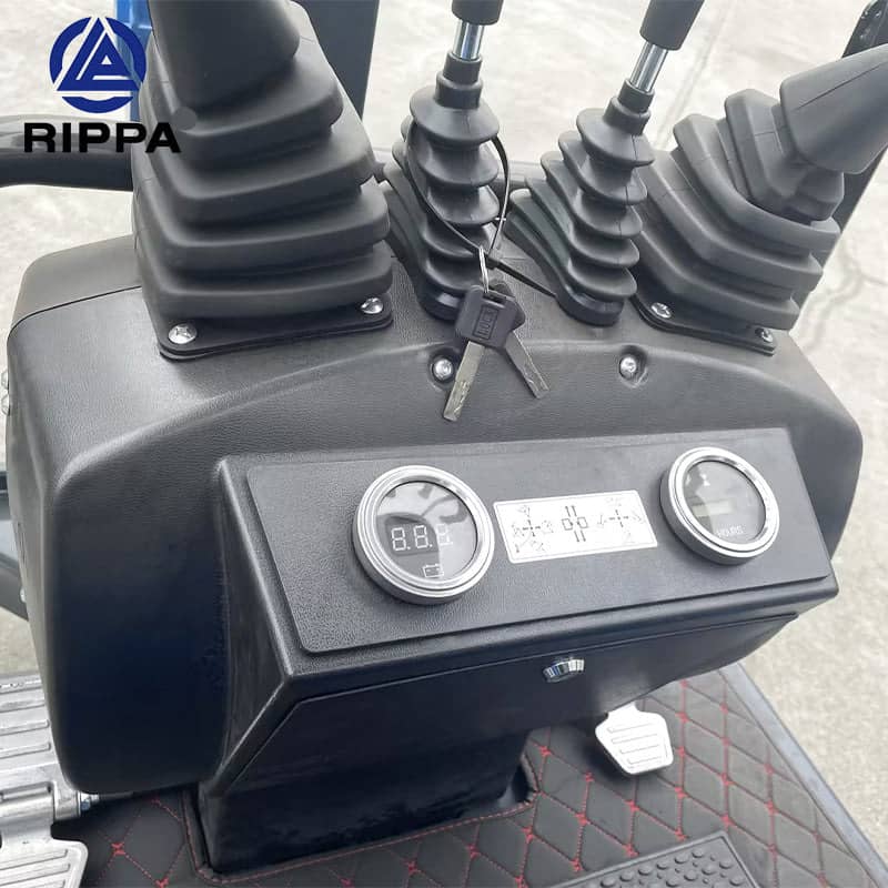Control panel of a Labadi Engineering Mini Excavato with levers and gauges for efficient operation