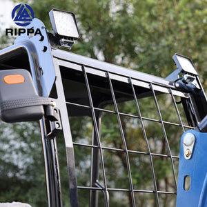 Close-up of Labadi Engineering Mini Excavator with safety frame and lights for enhanced visibility